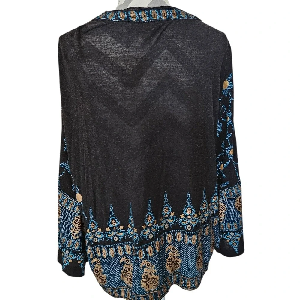 Free People Womens Boho Paisley Border Print V-Neck Linen Blend Top Black Medium